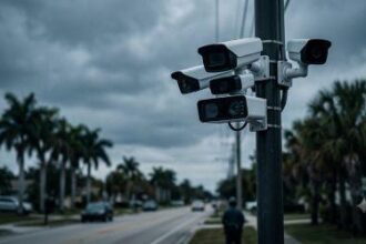 Automated license plate reader camera mounted on a roadside pole, representing AI surveillance technology scrutinized in Senate hearing