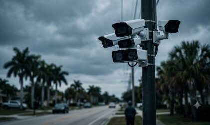 Automated license plate reader camera mounted on a roadside pole, representing AI surveillance technology scrutinized in Senate hearing