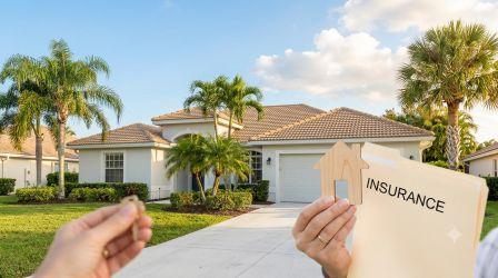 A hand holding a wooden house cutout and an "Insurance" folder in the foreground, with a sunlit, modern Florida home and palm trees in the background.