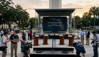 An elevated photo of an empty outdoor stage at sunset in front of the Florida State Capitol, with a large LED screen that reads "FLORIDA STATEWIDE RACES 2026: DEBATE STATUS CANCELLED." Empty podiums and media equipment are in the foreground, surrounded by people holding protest signs.
