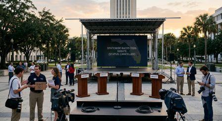 An elevated photo of an empty outdoor stage at sunset in front of the Florida State Capitol, with a large LED screen that reads "FLORIDA STATEWIDE RACES 2026: DEBATE STATUS CANCELLED." Empty podiums and media equipment are in the foreground, surrounded by people holding protest signs.